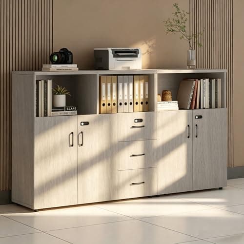 HSHBDDM File Cabinet with Password Lock, Wood Lateral Filing Cabinet for Letter/A4 Files, 3 Drawer with Door, Printer Stand with Open Shelves for Home Office