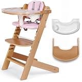 Cowiewie Natural Wooden Baby High Chair with Cushions & 3-Tier Remove Adjustable Tray Cushion, Easy to Clean & Natural Wooden Ergonomic Design, Highchair for Babies & Toddlers 6-36 Months, Pink