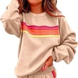 Womens Rainbow Striped Sweatshirts Crew Neck Long Sleeve Casual Pullover