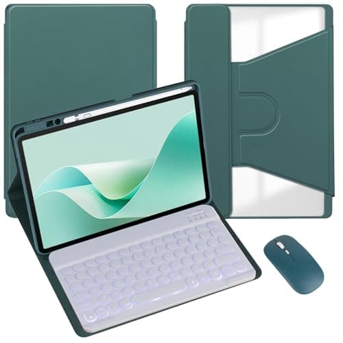 Case for Samsung Galaxy Tab S7/S8/S9 11inch Tablet,Detachable Wireless Bluetooth Round Keycap Keyboard 360Degree Rotating Acrylic Transparent Back Cover with Pen Holder (Green,Backlit+Mouse)