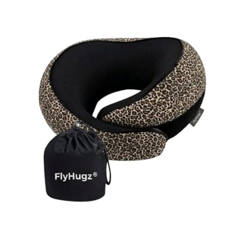 FlyHugz® Neck Travel Pillow | Memory Foam Neck Pillow for Comfort on AirPlane | Compact and Ergonomic Design for Travel, Car Rides, and Home Use | Ideal for Adults and Kids (Safari Gold Leopard Print)