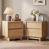 HOUROM 2 PCS Nightstand for Bedroom,Bedside Tables with 2 Drawers,Minimalist Linear and Handleless Design,Multifunctional Wide End Table and Dresser Chest for Bedroom, Living Room,Oak