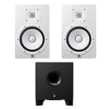 Yamaha HS8W Pair of 8-Inch Powered White Studio Monitors with HS8S 150W 8-Inch Powered Subwoofer Bundle — 22Hz-30kHz 2.1 System for Mixing, Mastering, EDM, Hip-Hop, Film Scoring, Music Production