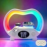 IHAO 6in1 Multi Functional Wireless Charger Bluetooth Speaker Time&Temperature Display Alarm Clock 7-Color LED Night Lights Fast Charger for Phone Apple Watch Earbuds Remote Control-White