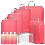 Cambond Compression Packing Cubes for Travel Women - 7 Set Expandable Luggage Packing Organizers with Shoe Bag and TSA Approved Travel Pouches Set, Compression Cubes for Suitcases, Watermelon Pink