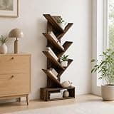 Furevol 7-Tier Tree Bookcase, Bookshelf with Bottom Shelf, Book Shelf, 8.4 x 16.9 x 46.2, for Bedroom, Living Room, Home Office, Amber Pine