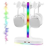 ALACOO Cool RGB Headphone Stand with Charging Station - Sleek Dual Headset Holder, 3 USB Ports & 3.5mm Audio, 8 Light Modes | Ultimate Gaming Gift for Men, Boyfriend, Teen Boys - Modern White Design