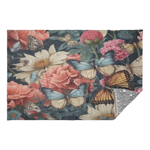 Jihqo Gorgeous Butterfly Flowers Travel Blanket Glowing in The Dark, Soft 2 in 1 Airplane Blanket 65" x 55", Foldable as Pillow, Luggage Sleeve & Backpack Clip