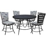 Pemberly Row 5-Piece Patio Dining Set, Blue Beige Removable Cushions, Powder-Coated Black Metal Frame, 42 in Round Table, 360-Degree Swivel Armless Chairs, All-Weather Fabric for Outdoor or Indoor Use