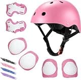 Kids Bike Helmet for Ages 2-14, Adjustable Safety Toddler Helmet with Protective Gear Set, Skateboard Scooter Helmets with Knee Elbow Pads Wrist Guards (Pink, Medium (for Ages 8-14))