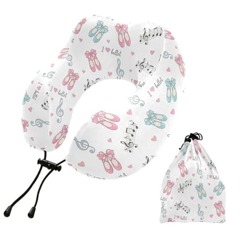 Ballet Music Hearts White Print Travel Neck Pillow for Sleeping Airplane Memory Foam Neck Support Pillow with Storage Bag Sleeper Hold Pillow for Home Office Long Flight Car Train Bus Adults Kids