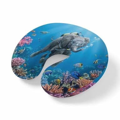 Travel Pillows U Shape Memory Foam Diving Elephant Plane Neck Pillows Head Support Comfort Funny Animal Fish Coral Ocean Seafloor Headrest Neck Pillow for Airplane Car Office Home Chair Sleeping
