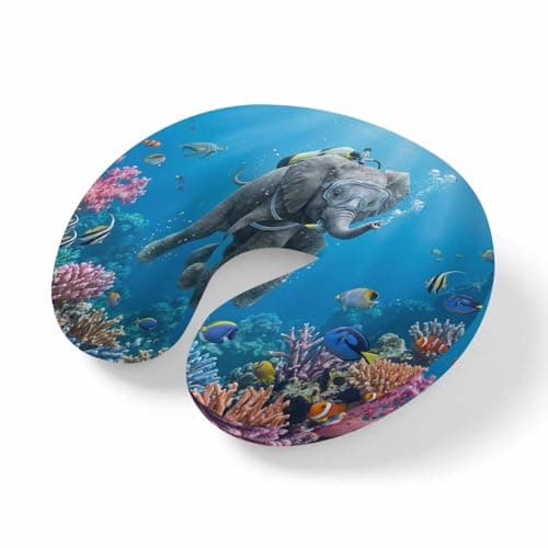 Travel Pillows U Shape Memory Foam Diving Elephant Plane Neck Pillows Head Support Comfort Funny Animal Fish Coral Ocean Seafloor Headrest Neck Pillow for Airplane Car Office Home Chair Sleeping