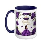 Mis Quince Años Enchanted Rose Purple Floral Princess Decor Ceramic Mug, Dark Blue/White, 15oz