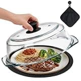 CabyGift Glass Microwave Splatter Cover for Food with Silicone Trivet & Oven Mitt, Sturdy Glass Plate Splatter Guard Lid with Vent Holes & Easy-Grip Knob - BPA Free, Dishwasher Safe - 9.5inch