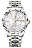 Gosasa Luxury Men's and Women's Business Diamond Stainless Steel Waterproof Roman Numeral Analog Quartz Watch with Day-Date Calendar, Gold and Silver Tone (M-Gold White, Men)