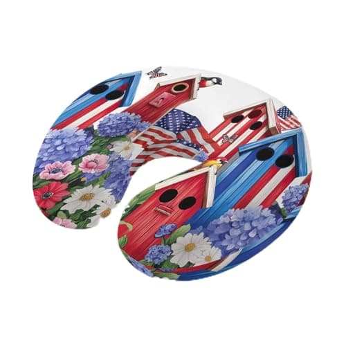 Travel Pillows U-Shaped Neck Pillow Independence Day Birdhouse Butterfly Flowers Ergonomic Memory Foam Pillow Head Cushion,USA Flag Theme Soft Portable Neck Pillows for Office Airplane Car Train