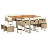 GHVBNMF 11 Piece Patio Dining Set with Cushions, Beige Poly Rattan Outdoor Table and Chairs, Space Saving Garden Furniture with Acacia Wood Top for Backyard and Porch