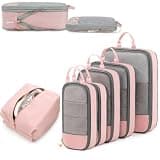 SRXJWLI 6-Piece Expandable Space-Saving Packing Cubes Travel Compression for Organizer Luggage Bags Organizers Suitcase Storage Clothing Oxford Essentials with Double Layer Shoe Bag(Pink)