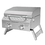 Megamaster 2-Burner Stainless Steel Portable Gas Grill with Built-In Lid, 16,000 BTUs, Foldable Legs, Small Propane Grill for Outdoor Cooking, Camping, Tailgating, Patios, and More - 820-0033M