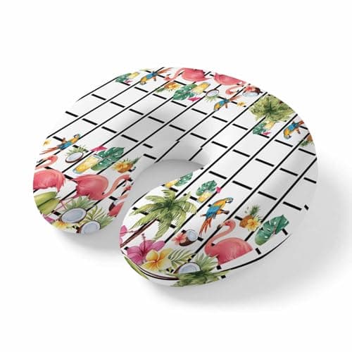 Travel Pillows U-Shaped Neck Pillow Summer Watercolor Flamingo Flower Ergonomic Memory Foam Pillow Head Cushion,Coconut Tree Classic Plaid Soft Portable Neck Pillows for Office Airplane Car Train