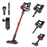 Matbutikk Rahimi Cordless Stick Vacuum Cleaner with LED Light, Rechargeable Lightweight Vacuum for Hardwood Floors, Carpets, Pet Hair and Home Cleaning, Detachable Battery, Black & Red