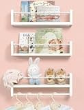 Maxpeuvon Nursery Bookshelves Set of 3, Natural Wood Nursery Floating Shelves Wall Mount Storage Shelf with Towel Bar Hainging Bookshelf for Kids Room Bedroom Living Room Decor, White
