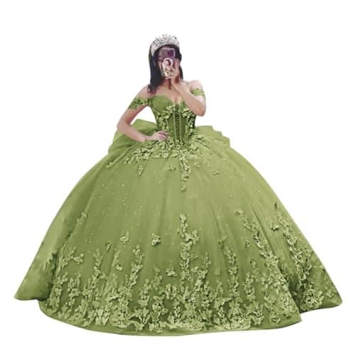 Ftupza Lace Sage Quinceanera Dresses Beaded Tulle Ball Gown Butterflies Off Shoulder Sweet 16 Dresses Butterflies Vestido De 15 Años 2