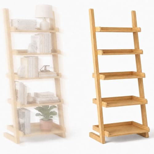 Solid Wood Ladder Bookshelf 55 Inch Leaning Wall Shelf Floor Storage Rack Multi Tier Open Bookcase Wide Display Shelves for Living Room Bedroom Home Office Kitchen Plants Books Decor(Natural Wood)