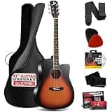 Pyle Steel String Acoustic Guitar Kit, 4/4 Full Size Cutaway All-Wood Guitarra Acustica with Premium Accessory Set and Upgraded Gig Bag, 41" Sunburst Teardrop