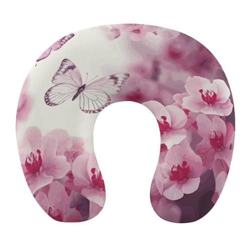 NHSGDUA Pink Flowers and Butterfly U-Shaped Neck Pillow, Memory Foam Travel Neck Pillows Compact and Ergonomic Design,Airplane Pillow for Traveling Car Home Office