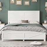 OFLILAK Farmhouse Queen Size Bed Frame, Barn Door Designed Headboard & Footboard, Solid Pinewood Bed with Strengthened Frame & Wooden Slats, No Box Spring Needed, Noise-Free Easy Assembly, White