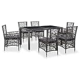 NKOPPFG Poly Rattan 7 Piece Patio Dining Set with Tempered Glass Table and Removable Cushion Chairs for Outdoor Garden Deck