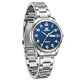 OLEVS Watches for Women, Silver Stainless Steel Band Ladies Quartz Watch with Arabic Numerals and Day Date Display, Waterproof Luminous Elegant Blue Dial Wristwatch