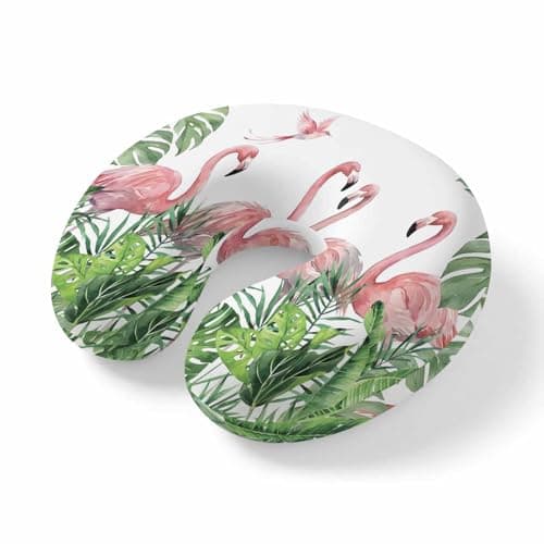 Pink Flamingos Travel Pillow Memory Foam U Shaped Neck Pillow, Green Jungle Tropical Palm Leaves Botanical Lightweight Portable Soft Headrest for Airplane Car Office Home, 11.4"x11.4"x3.9"