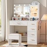BZK Vanity Desk with LED Lights and Mirror, 35.4" Makeup Vanity Table with Charging Station. 5 Drawers, 6 Storage Shelves, Tempered Cabinet & Cushion Stool, Dressing Table for Modern Bedroom