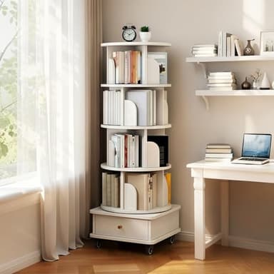 Knocbel Rotating Bookcase Storage Bookshelf Display Rack Book Tower Organizer Unit for Home Office Living Room Small Spaces (White 4-Tier w/Wheels)
