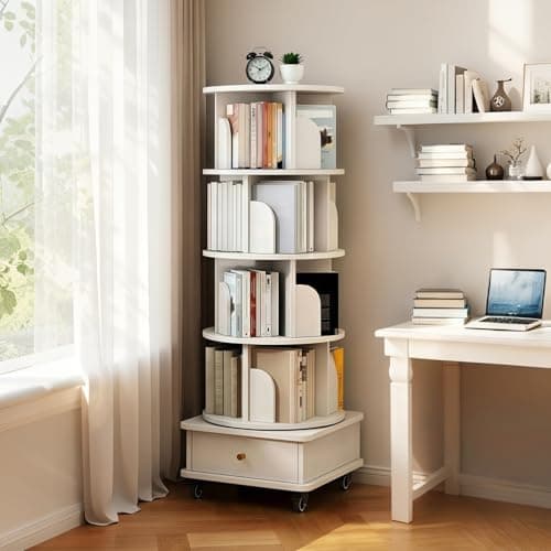 Knocbel Rotating Bookcase Storage Bookshelf Display Rack Book Tower Organizer Unit for Home Office Living Room Small Spaces (White 4-Tier w/Wheels)
