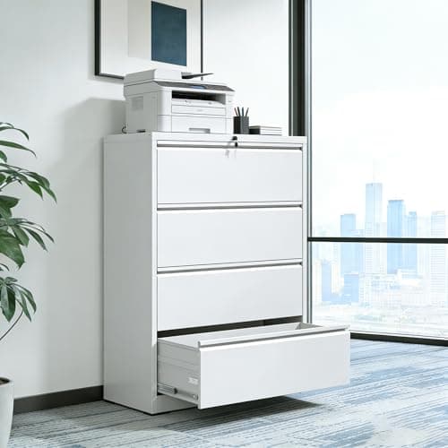 4 Drawer Lateral File Cabinet, 35.4 Inch Wide Metal Filing Cabinet, Locking Heavy Duty File Cabinet for Home Office, Anti-Tip Safety Interlock, Vertical Storage for Letter/Legal/A4 Files, White