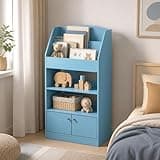 Furevol Magazine Bookcasewith Door Cabinet, Bookshelf with Open Shelf, Book Shelf for Organization and Storage, 9.4 x 24.6 x 43.3, for Bedroom, Living Room, Home Office, Light Blue