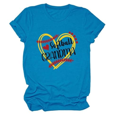 Epokay Softball Grandma T-Shirt Women Funny Heart Graphic Novelty Softball Player Grandmother Short Sleeve Tops Lake Blue