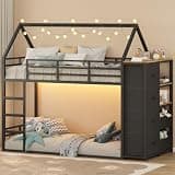 Bunk Bed Twin Over Twin with Storage Drawers & LED Lights, Low Metal Bunk Bed with Safety Guardrails, Space-Saving Twin Bunk Bed with Charging Port for Bedroom, Black