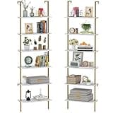 Wolawu Ladder Shelf 2PCS Wall Mounted Bookshelf 6 Tiers Marble White Modern Bookshelf Open Tall Wall Mount Bookcase Standing Leaning Wall Shelves Industrial Decorative Living Room Bed Room