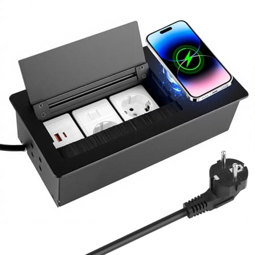Retractable Socket 2-Way Built-in Socket PD20W Quick Charge with 1 USB A + 1 USB C, 15 W Wireless Charging, Built-in Socket Table Top Retractable for Worktop Sofa Table Home Office