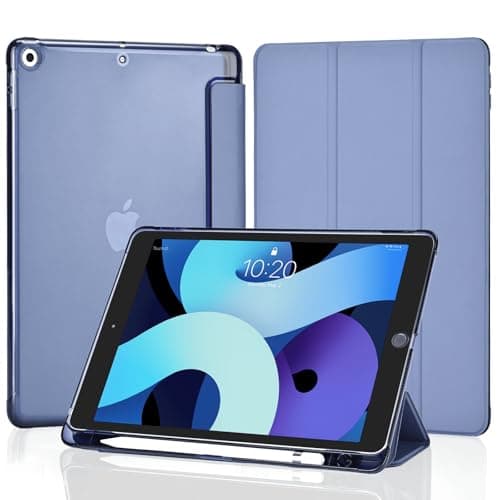4UBonLife Case for iPad 9th/8th/7th Generation 10.2 inch 2021/2020/2019 with Pencil Holder, Slim Stand Protective Case with Translucent Frosted Hard Back Cover Shell, Lavender Gray
