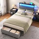UHTN Twin Bed Frame with Storage Drawers and Charging Station, Upholstered Platform Bed with LED Lights, Headboard Storage Shelf, Noise Free, Metal Support, No Box Spring Needed, Dark Grey