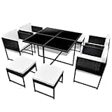 KGHFDVB 8-Person Black Rattan Patio Dining Set with Cushions, 9 Piece Set Including 1 Glass Table, 4 Chairs, 4 Stools, 8 Seat Cushions and Back