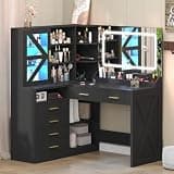 L-Shaped Corner Vanity Desk with LED Lighted Mirror & Charging Station, Black Makeup Vanity with 6 Drawers & Sliding RGB Cabinet, Large Farmhouse Dressing Table with Open Storage Shelves for Women