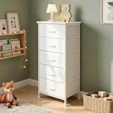 Fixwal White Tall Skinny Dresser for Bedroom, Narrow Storage Dresser Organizer with 5 Fabric Drawers, Nightstand Furniture in Closet, Entryway, Hallway