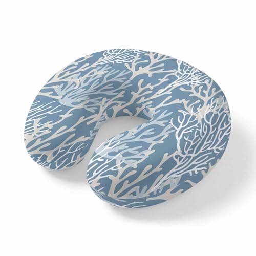 Ocean Undersea Coral Seaweed Travel Pillow,U Shaped Ergonomic Neck Pillows Watercolor Marine Life on Blue Memory Foam Portable Neck and Head Support Cushion for Airplane Car Home Office Sleeping